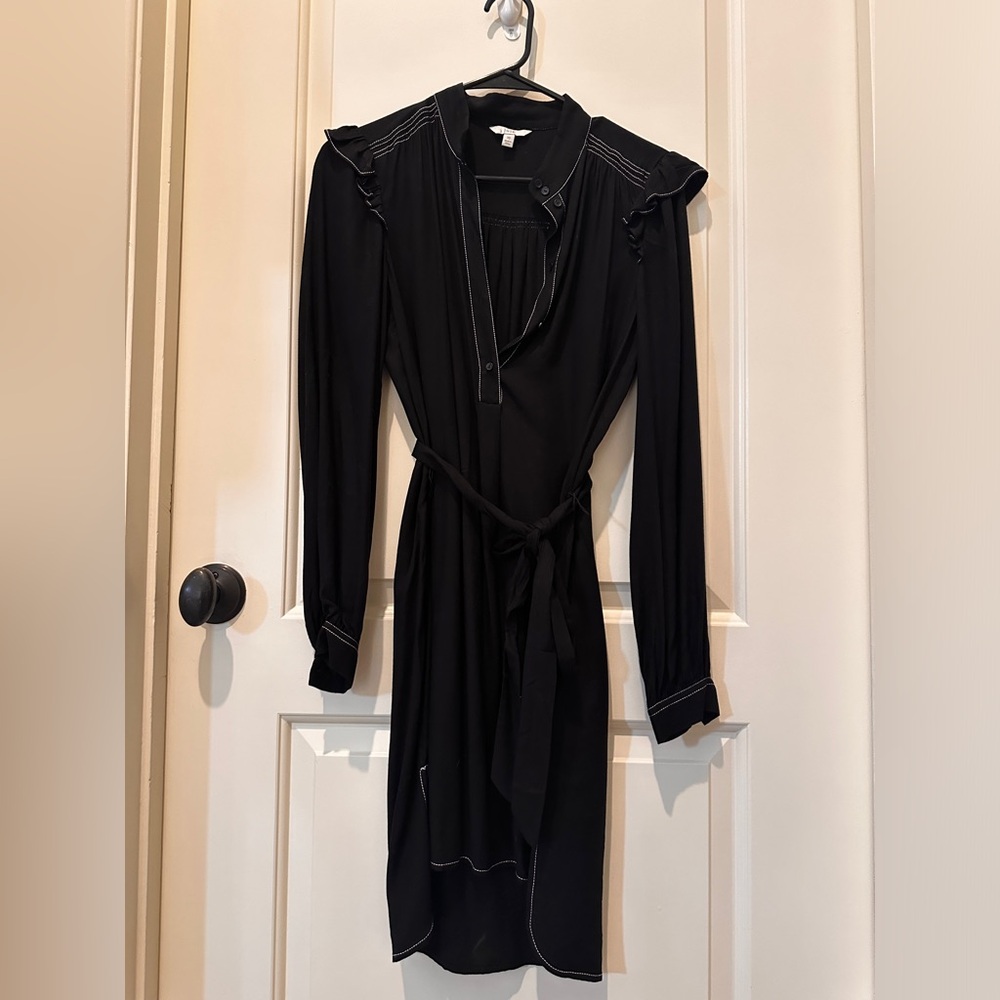Joie Dress Women's XS X Small Black Ruffle Long Sleeves Belt Peasant Shirt Dress